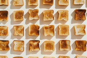 Many slices of toasted bread on white background, top view photo