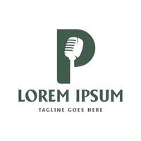 Initial Letter P with Microphone Mic Icon for Podcast Radio Broadcast for Entertainment Comedian or Sing Logo design vector