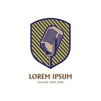 Vintage Shield Microphone Mic Icon for Podcast Radio Broadcast for Entertainment Comedian or Sing Badge Emblem design vector