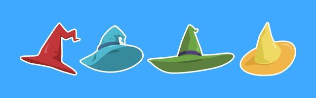 Collection of witch or wizard hat with flat style. Isolated on blue background. Graphic illustration. vector
