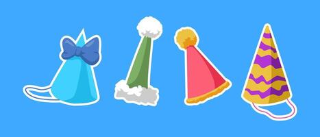 Collection of party, birthday hat with flat style. Isolated on blue background. Graphic illustration. vector