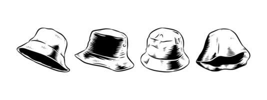 Set Hand drawn vintage engraving of bucket hat. Isolated on white background. Graphic illustration. vector