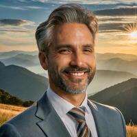 Portrait of professional man in a suit and tie, Businessman confidently smiling against mountain sunrise, capturing success and peaceful nature. the serene backdrop adds focus photo