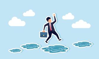 Avoiding work related issues that hinder productivity concept of A businessman jumping over puddles, staying productive, efficient, and effective in his work vector