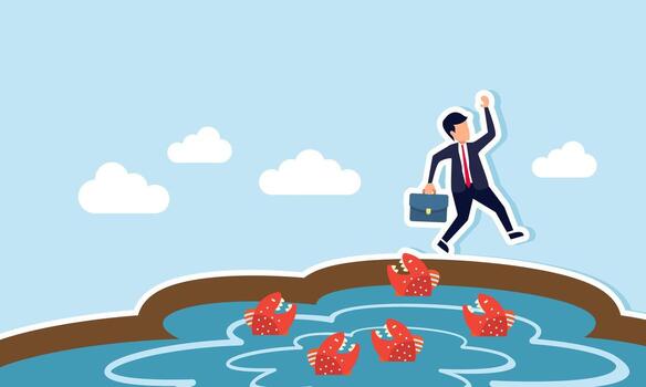 Avoiding work related issues that hinder productivity concept of A businessman jumping over a lake filled with fierce fish, avoiding obstacles to his work vector