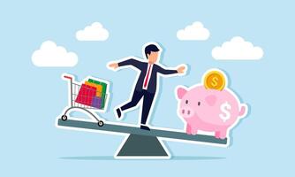 Deciding between investing or saving money versus spending it on shopping concept of Businessman standing on a seesaw, one end with a piggy bank, the other with a shopping basket vector