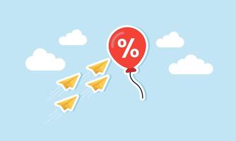 Hunting for discounts, special prices, competing to get the best deals concept of Several paper planes soaring swiftly and sharply toward a discount balloon vector