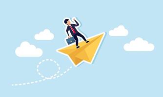 Advancing career, successful in business, smoothly managing the company concept of A businessman piloting a paper plane soaring through the sky, as if he's on top of everything vector