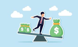 Balancing between choosing one high profit project or multiple smaller projects concept of A businessman standing on a seesaw with one large bag of money on one end and several smaller bags vector