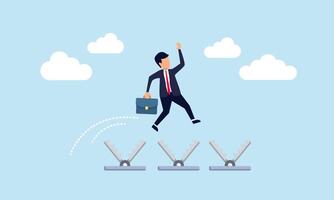 Avoiding work related issues that hinder productivity concept of A businessman jumping over traps that could endanger his career vector