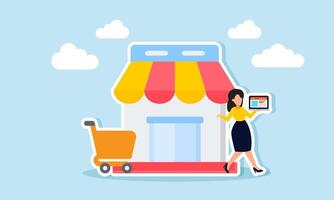 Efficiently and effectively managing a products marketplace account, crafted to attract customers concept of A businesswoman organizing her business marketplace account vector
