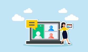 Virtual meeting to discuss projects and company agendas concept of A businessman carrying a laptop for a virtual meeting with clients or the team vector