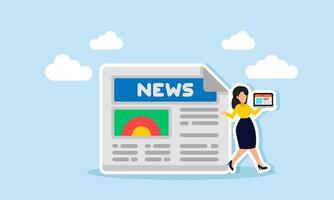 Newspaper copywriting, crafting news narratives for print, creating accurate and polished text concept of A female writer with a laptop, composing a news narrative vector