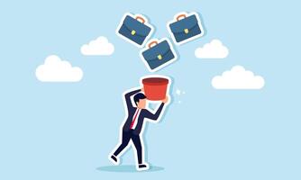 Competing for jobs, applying to multiple positions and companies to boost chances of getting hired concept of A businessman catching falling briefcases as if he were a job seeker vector
