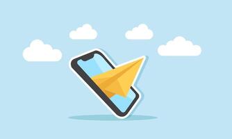 Outgoing message, sent message, social media message delivered to the recipient concept of A paper plane flying out of a smartphone, representing a message sent to a friend or business partner vector