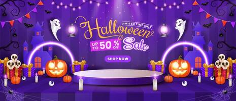Halloween sale promotion banner template with pumpkins, candles, lanterns, bats. Perfect for website or banner use with various Halloween elements designs. vector