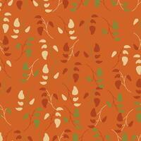 a pattern with leaves and vines on an orange background vector