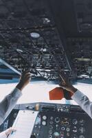 Professional pilot woman in uniform has teamwork meeting for success flight in aviation business. Young female captain instructor sitting in office and working or training commercial airline crew. photo