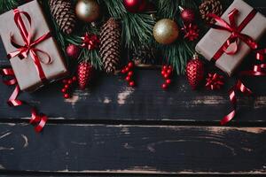 Top view photo Christmass flatlay gift boxes,red and gold christmas tree toys and spruce brance on wooden background. Xmas backdrop with space for text.Copyspace.Vertical photo.