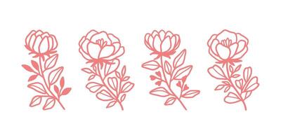 Feminine logo design templates in trendy linear minimal style. Peony, rose flowers and botanical leaf branch. Emblem, symbols and icons for cosmetics, jewellery, beauty and handmade products vector