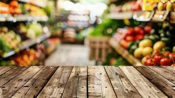 Empty wooden tabletop in front of colorful, blurred vegetable aisle in grocery store, perfect for displaying a product or advertising. Banner, copy space photo