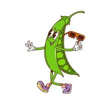 Groovy green pea vegetable retro cartoon character vector