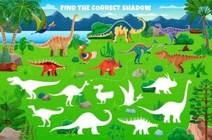 Kids game worksheet, find the correct dino shadow vector
