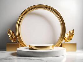Luxury podium on white marble with gold color for displaying products photo