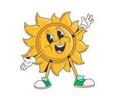 Cartoon retro groovy sun character with open arms vector