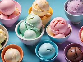 Set of ice cream balls or scoops in bowls pastel colors photo