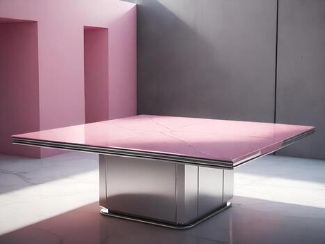 The empty space table was shiny silver with pink inserts, and the background was a rough white limestone photo