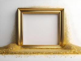 Empty gold frame, golden glitter on white background, copy space, banner or title. photo