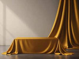 Gold cloth on table for product display, luxury presentation. photo