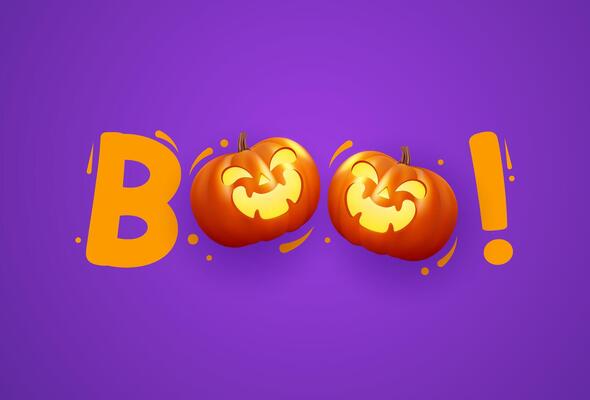 Boo. Happy Halloween design featuring spooky pumpkins with eerie faces on an purple background. Design template ideal for greeting cards, flyers, celebration posters, or party invitations.