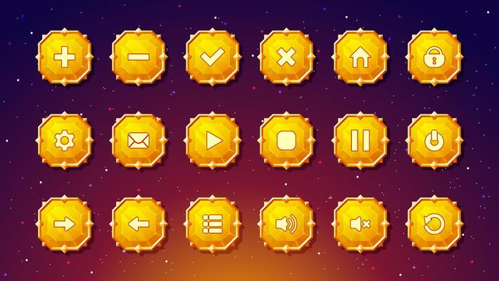 Yellow colored diamond shaped buttons intended for user interface design in games, media players, or web applications.