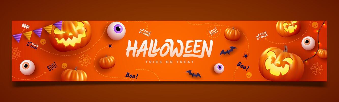 Spooky Halloween with flat holiday icons on orange background. Pumpkin with a scary expression and other scary elements.