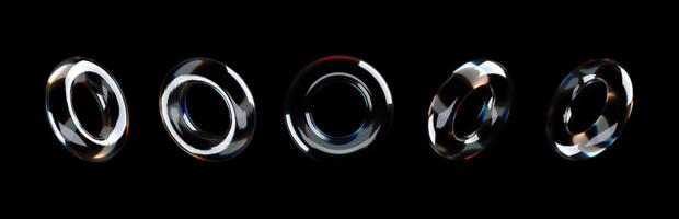 3D crystal glass torus with refractive and holographic effects, isolated on a dark background. Rendered transparent glass rotating torus with light dispersion overlay. vector