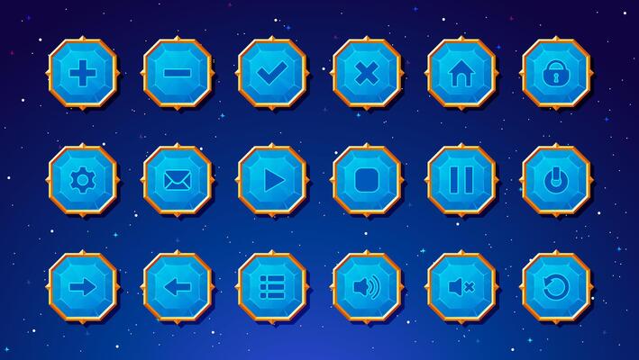 Blue colored diamond shaped buttons intended for user interface design in games, media players, or web applications.