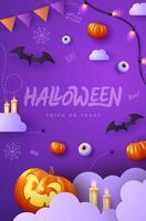 Spooky Halloween with flat holiday icons on purple background. Pumpkin with a scary expression and other scary elements. vector