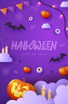 Spooky Halloween with flat holiday icons on purple background. Pumpkin with a scary expression and other scary elements.