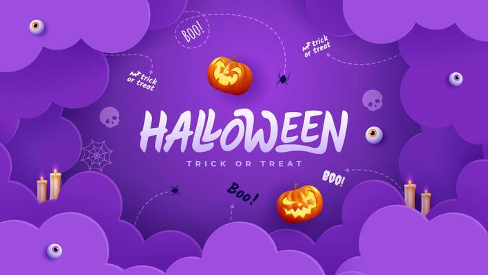 Spooky Halloween with flat holiday icons on purple background. Pumpkin with a scary expression and other scary elements.