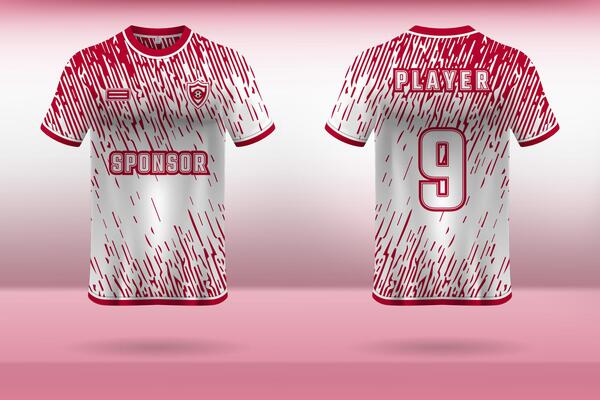 Sports uniform jersey design with red and white abstract pattern background