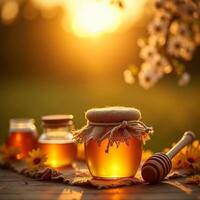 Honey in jar with sunrise background photo