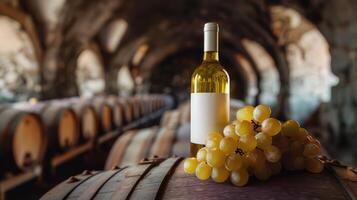 White wine bottle mock up on on top of an old barrel, rows of barrels inside a winery or castle-like building, copy space and place for logo photo