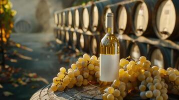 White wine bottle mock up on on top of an old barrel, rows of barrels inside a winery or castle-like building, copy space and place for logo photo