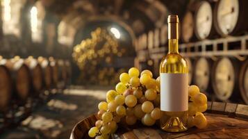 White wine bottle mock up on on top of an old barrel, rows of barrels inside a winery or castle-like building, copy space and place for logo photo