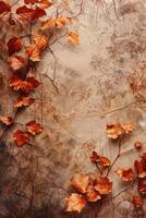 Autumn leaves climbing on a textured background in a warm setting, copy space photo