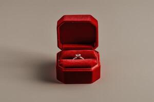 Captivating diamond engagement ring showcased in a red velvet box on brown background. photo