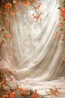 Soft fabric backdrop with floral accents. Romantic wedding vertical background. photo