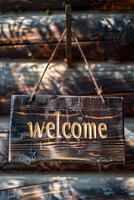 Welcome sign hanging on rustic wooden logs in a serene outdoor setting photo